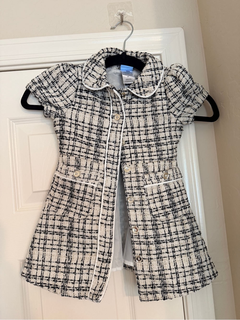 Draper James Black Gold White Tweed Short-Sleeve Pea Coat for Girls